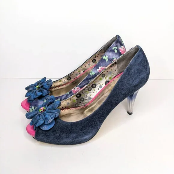 Poetic License Navy Floral Heel Womens 7.5 Peep Toe Suede Retro Party Pumps - Picture 2 of 8